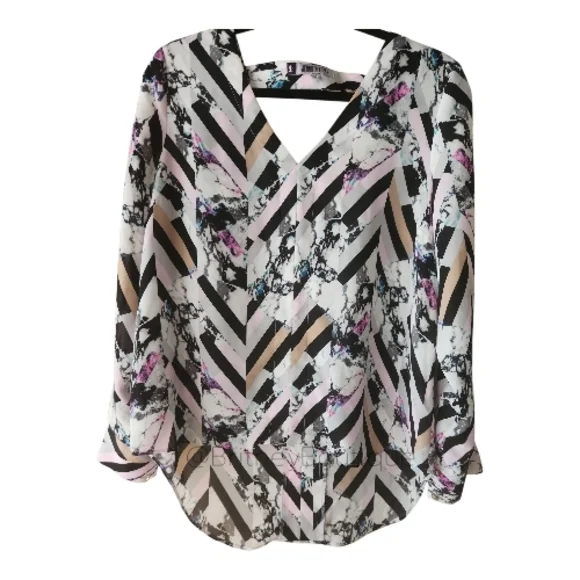 EUC Jennifer Lopez | Black and Pink Chevron Patterned Blouse - Picture 1 of 4